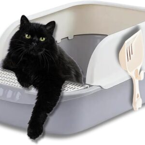 Large Cat Litter Box with with Lid – Open Top Kitty Litter Box for Big Cats, Enclosed Scatter Shield Design, Odor Control, Easy Clean Plastic Cat Litter Tray with Scoop (Grey)