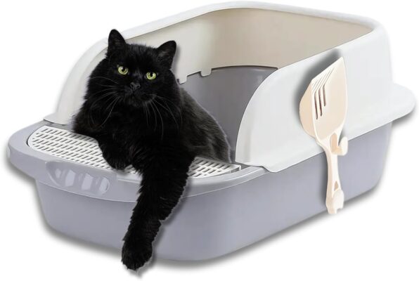Large Cat Litter Box with with Lid – Open Top Kitty Litter Box for Big Cats, Enclosed Scatter Shield Design, Odor Control, Easy Clean Plastic Cat Litter Tray with Scoop (Grey)