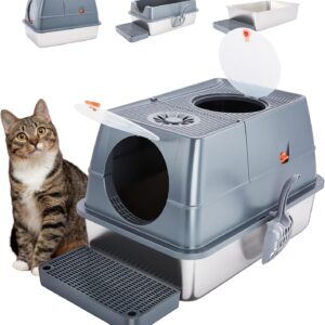 Ownpets Stainless Steel Litter Box with Lid, 180°Flip-XL Extra Large Enclosed Cat Litter Box for Easy Cleaning,Metal High Sided with Scoop & Pedal,Odor Control,Anti-Leakage, Non-Sticky